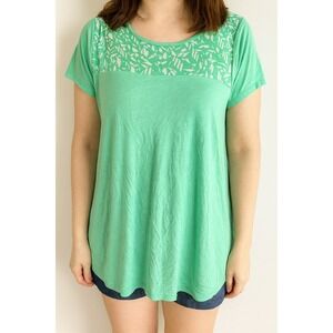 Betseys Boutique Shop Green Leaf Print Short Sleeve Knit Top Large